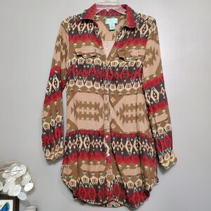 Tasha Polizzi Tunic Top Size Small Brown Southwestern Aztec Pearl Snap Button